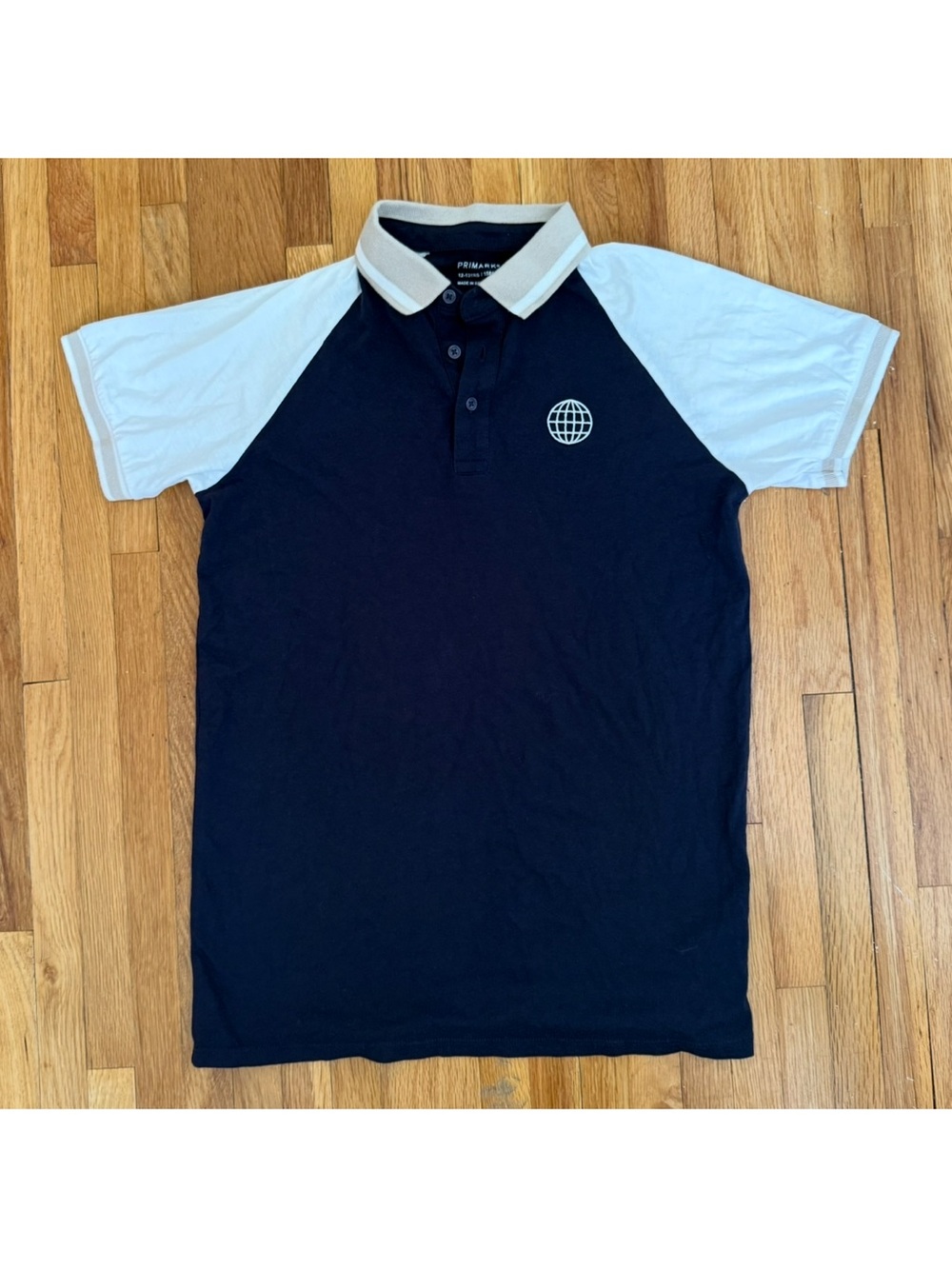 4/$25 Primark Raglan Polo Shirt Size 12-13 Navy Blue White Short Sleeve Cotton